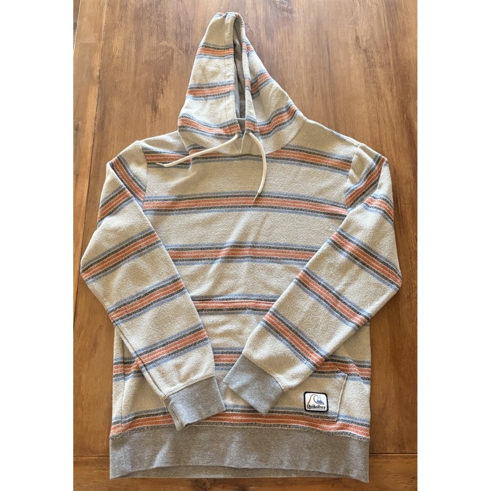 Quiksilver Mens Sweater M Medium Hooded Gray Striped Pullover Otway Terry